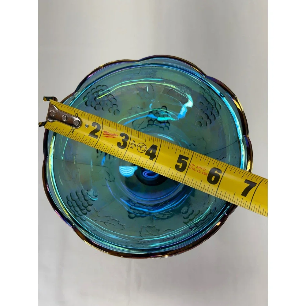 Vtg Carnival Glass HarvestGrape Compote Iridescent TealBlue Candy Dish Lid 9.75